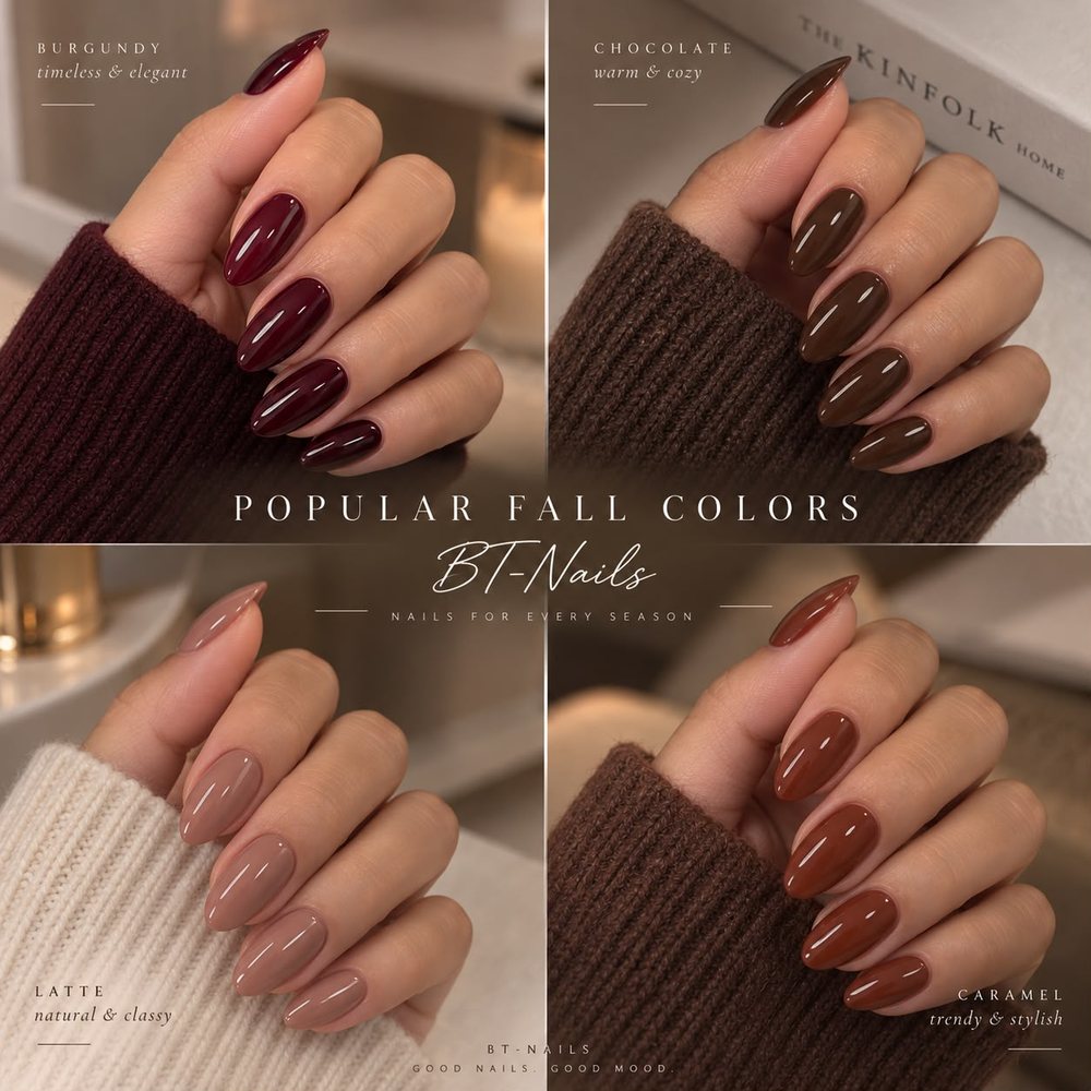 Populaire najaarskleuren bij BT-Nails: burgundy, chocolate, latte en caramel